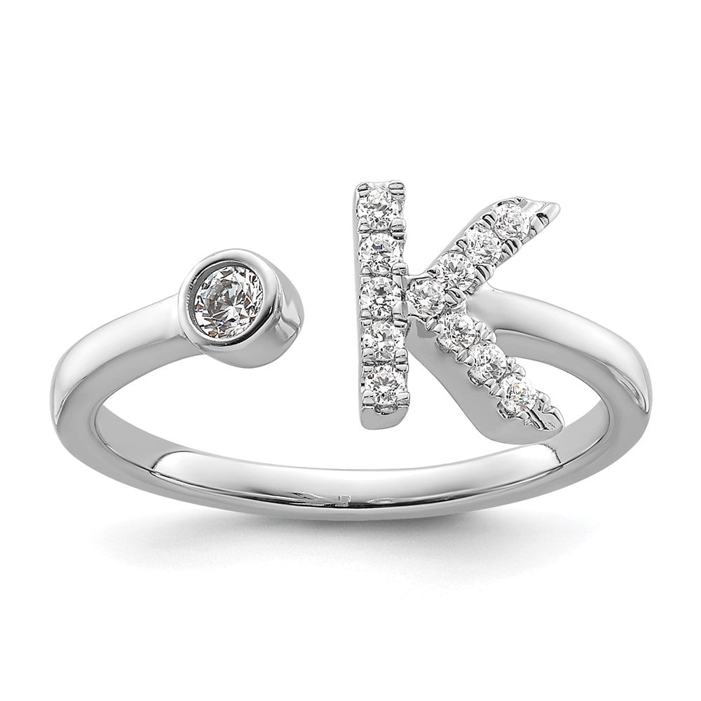 14K Weißgold Ring mit 0,2 ct. labor­gezüchtetem Diamant VS/SI+ G+, Initiale K, verstellbar