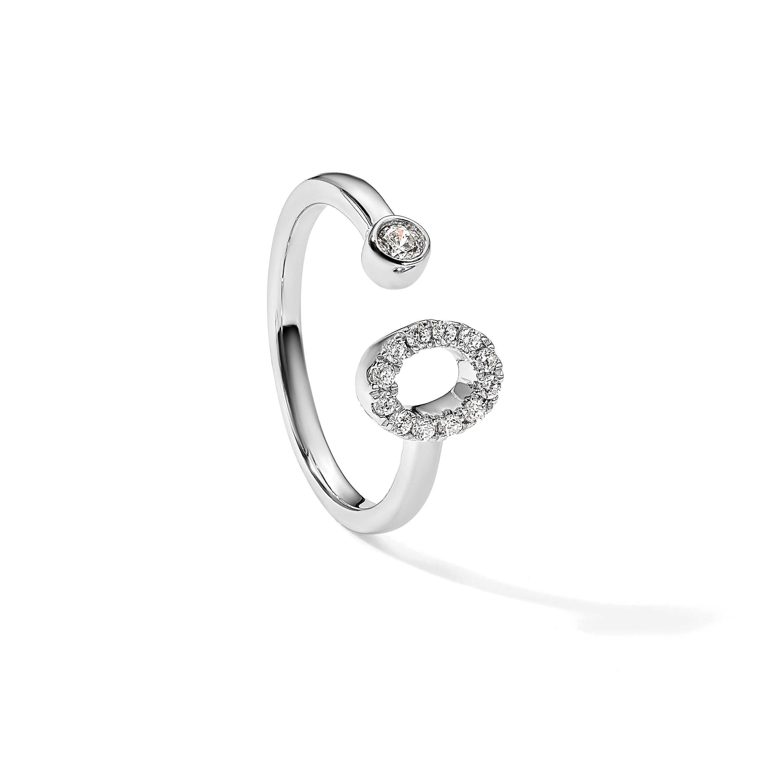 14K Weißgold Ring mit 0,2 ct. laborgezüchtetem Diamanten VS/SI+ G+, Initialbuchstabe „O", verstellbar