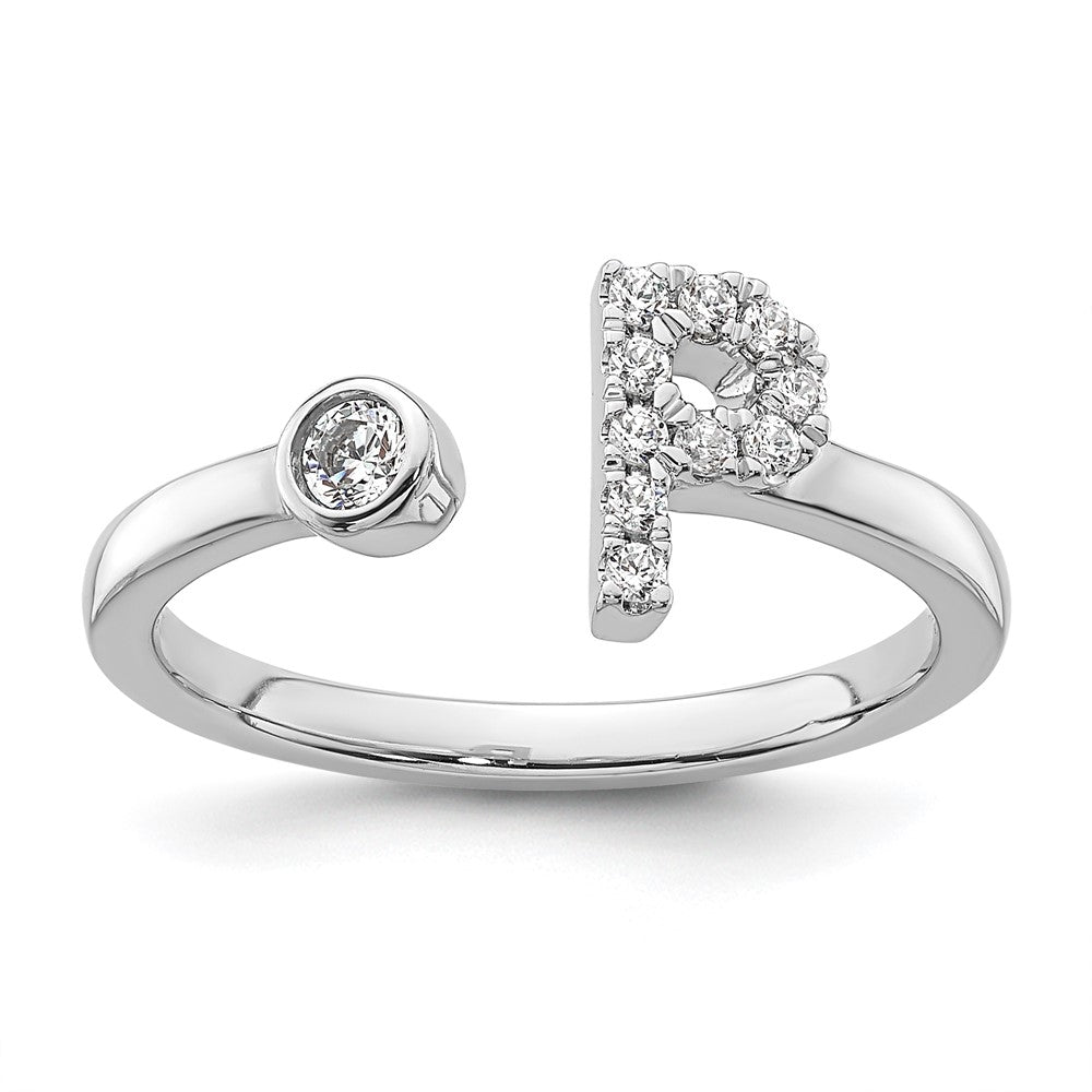 14K Weißgold Ring mit 0,17 ct. Labor-Diamant VS/SI+ G+, Initiale P, verstellbar