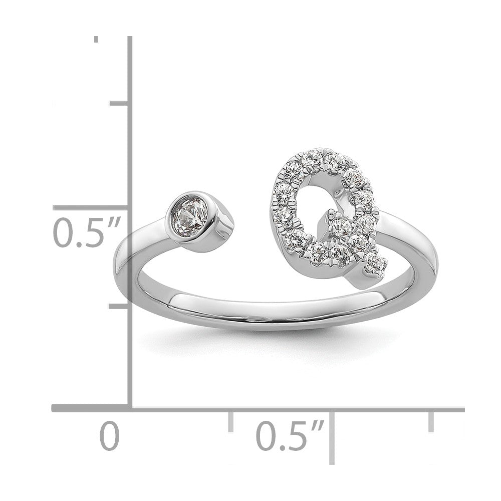 14K Weißgold Ring mit 0,2 ct. laborgezüchteten Diamanten VS/SI+ G+, Initiale Q, verstellbar