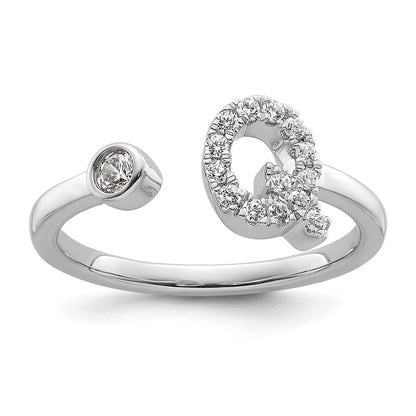 14K Weißgold Ring mit 0,2 ct. laborgezüchteten Diamanten VS/SI+ G+, Initiale Q, verstellbar