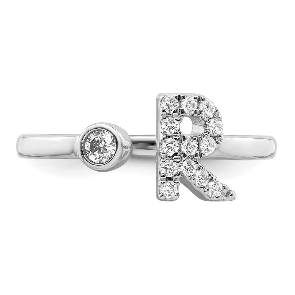 14K Weißgold Ring mit 0,2 ct. laborgezüchtetem Diamanten VS/SI+ G+, Initial R, verstellbar