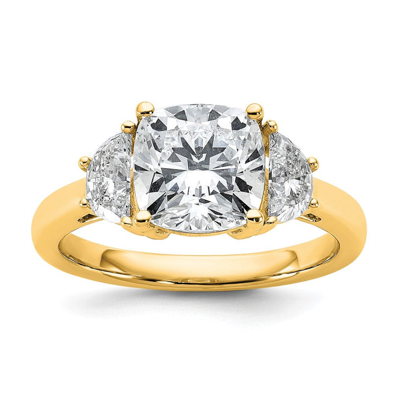 14K Gelbgold 3 1/8 Karat Zertifiziert Im Labor Gezüchtet Diamant Vs+ F+ Komplett Kissen und Halb Mond Dreistein Verlobungsring