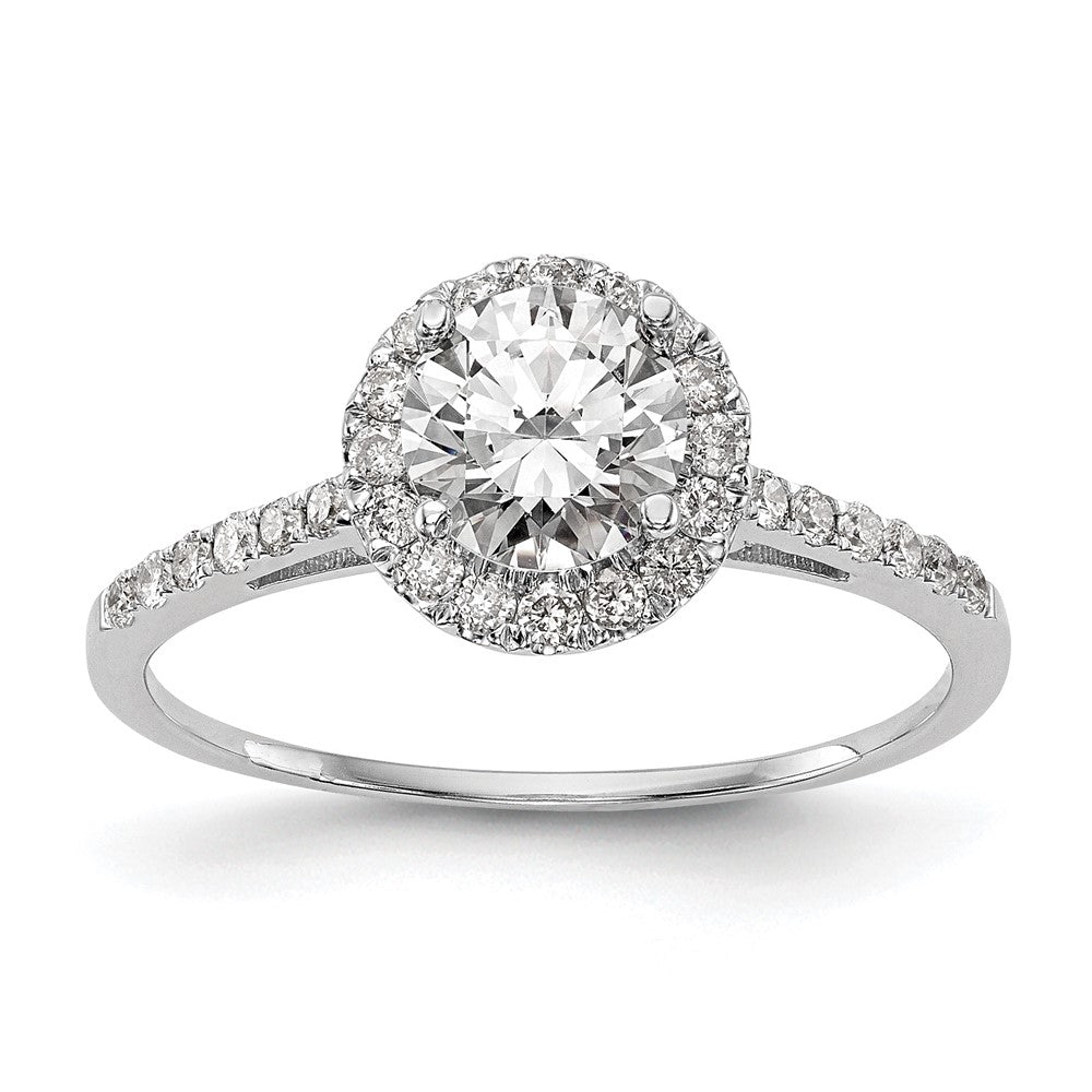 Verlobungsring aus 14K Weißgold mit 0,25 ct. laborgezüchteten Diamanten VS/SI+ G+ und 1 ct. Mittelstein in Halo-Fassung