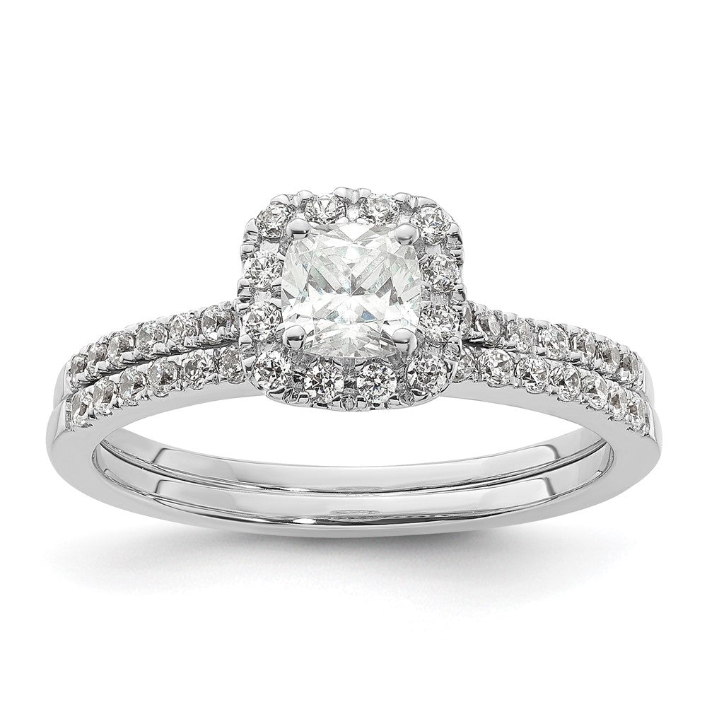 14K Weißgold Kissen Heiligenschein Synthetisch Diamant Verlobungsring