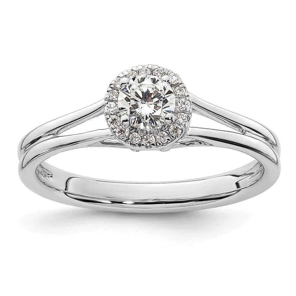 14K Weißgold Rund Heiligenschein Synthetisch Diamant Split Shank Verlobungsring