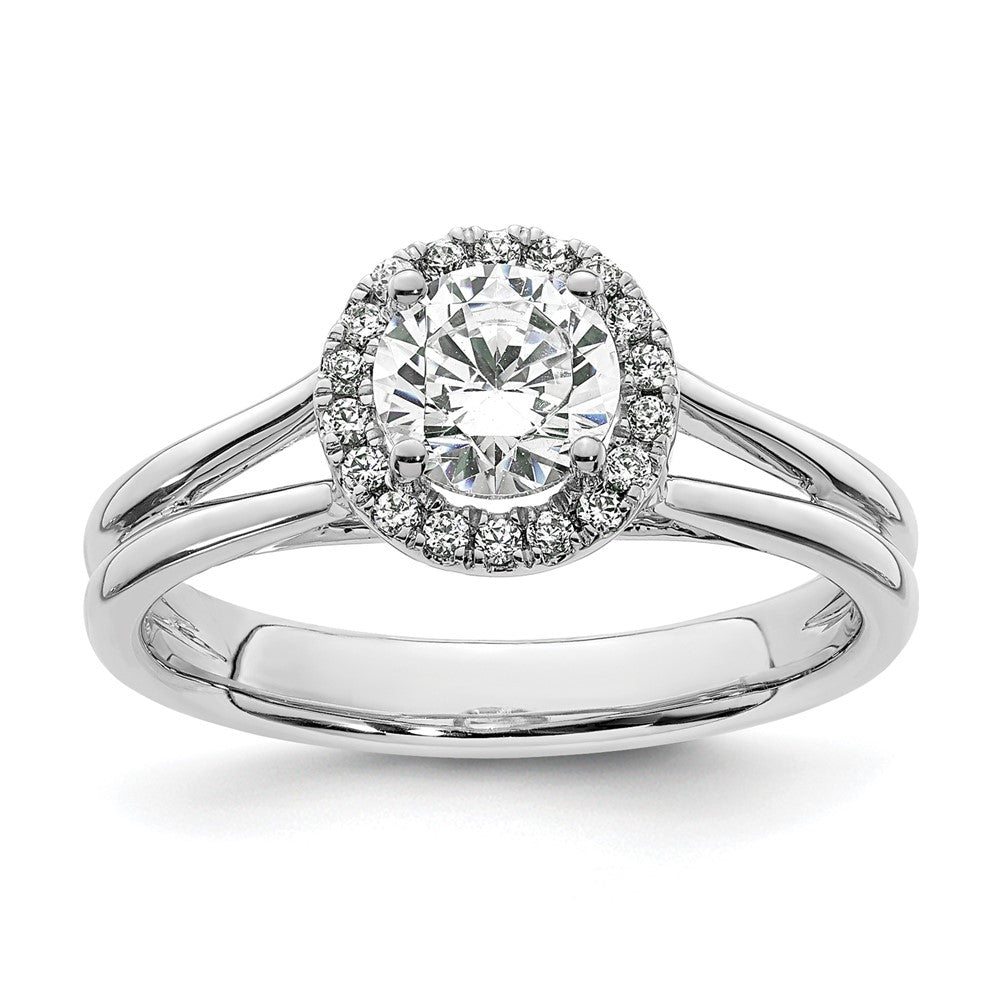 14K Weißgold Rund Heiligenschein Synthetisch Diamant Split Shank Verlobungsring