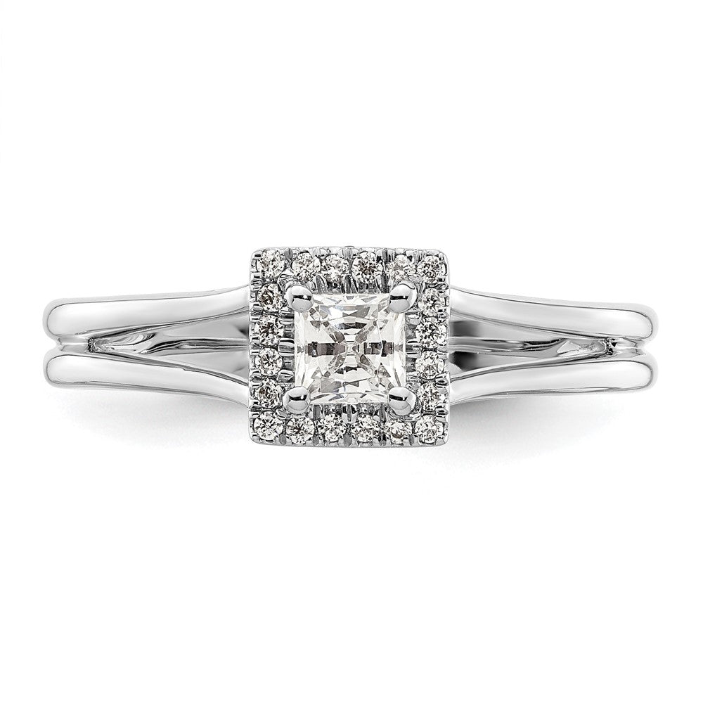 14K Weißgold Verlobungsring mit Princess-Halo aus Zirkonia und geteiltem Ring