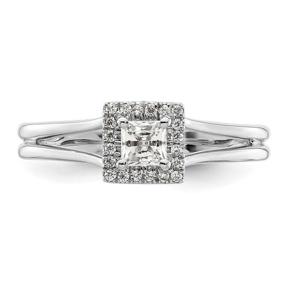14K Weißgold Verlobungsring mit Princess-Halo aus Zirkonia und geteiltem Ring