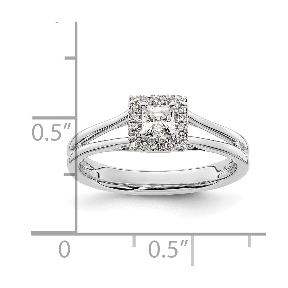 14K Weißgold Verlobungsring mit Princess-Halo aus Zirkonia und geteiltem Ring