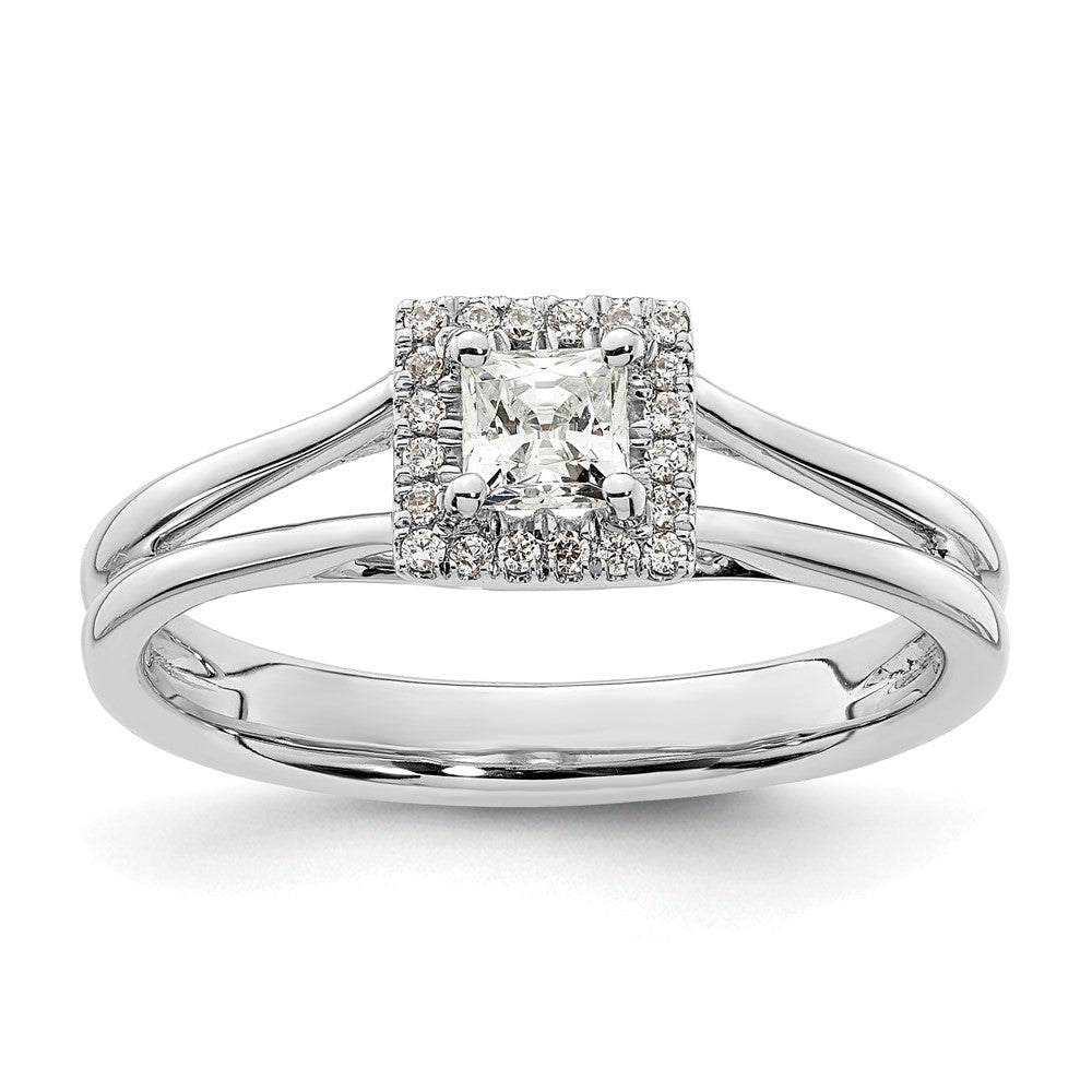 14K Weißgold Verlobungsring mit Princess-Halo aus Zirkonia und geteiltem Ring