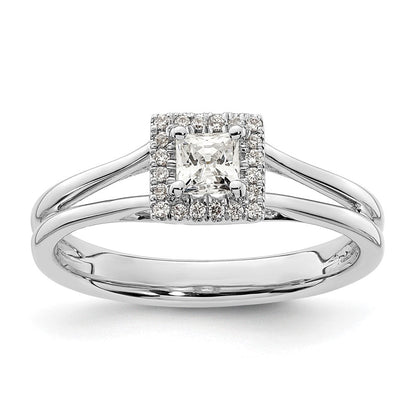 14K Weißgold Verlobungsring mit Princess-Halo aus Zirkonia und geteiltem Ring