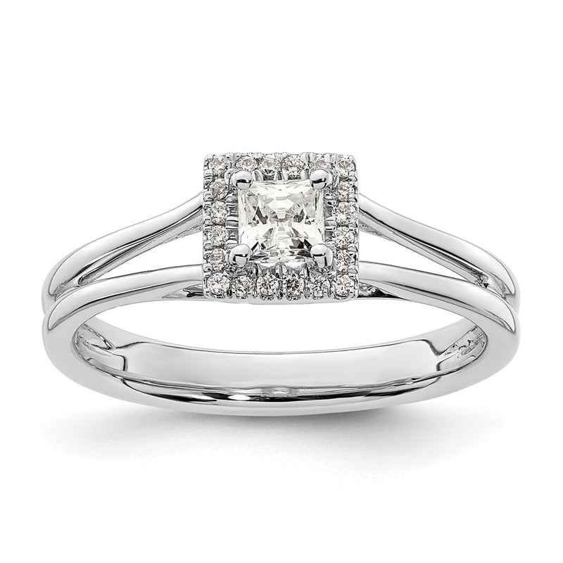 14K Weißgold Verlobungsring mit Princess-Halo aus Zirkonia und geteiltem Ring
