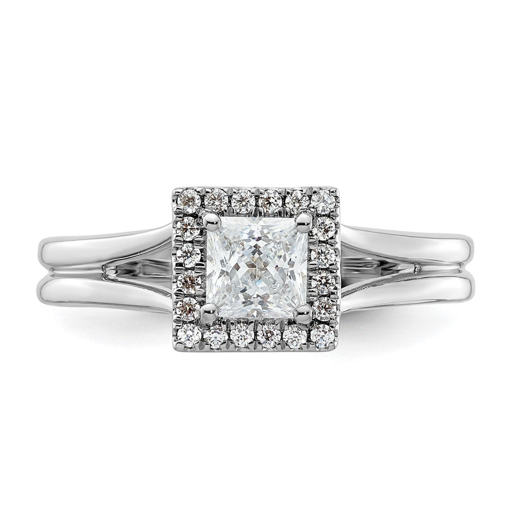 14 Karat Weißgold Verlobungsring mit Princess-Halo und geteiltem Ring