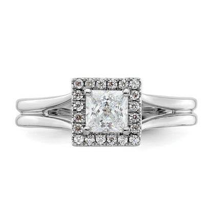 14 Karat Weißgold Verlobungsring mit Princess-Halo und geteiltem Ring