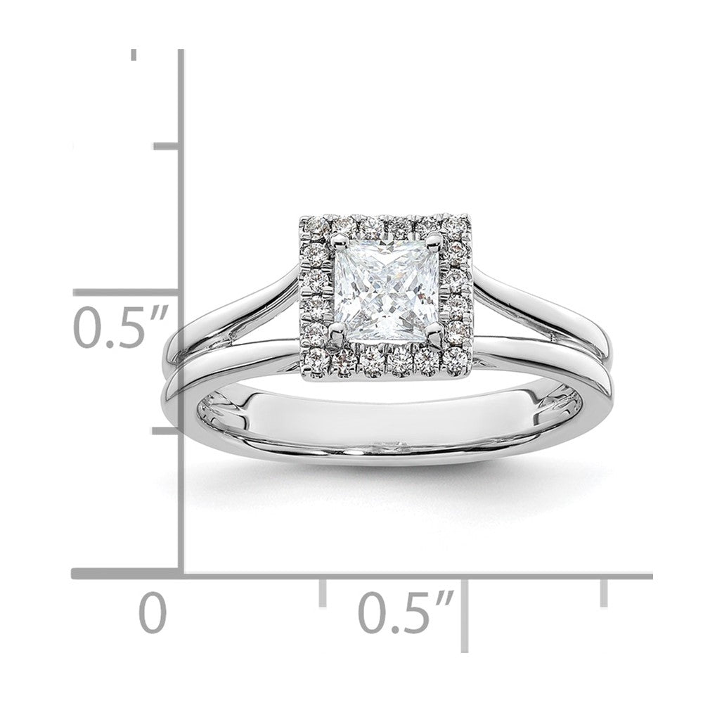 14 Karat Weißgold Verlobungsring mit Princess-Halo und geteiltem Ring