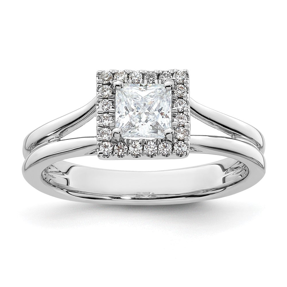 14 Karat Weißgold Verlobungsring mit Princess-Halo und geteiltem Ring