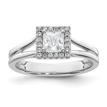 14 Karat Weißgold Verlobungsring mit Princess-Halo und geteiltem Ring