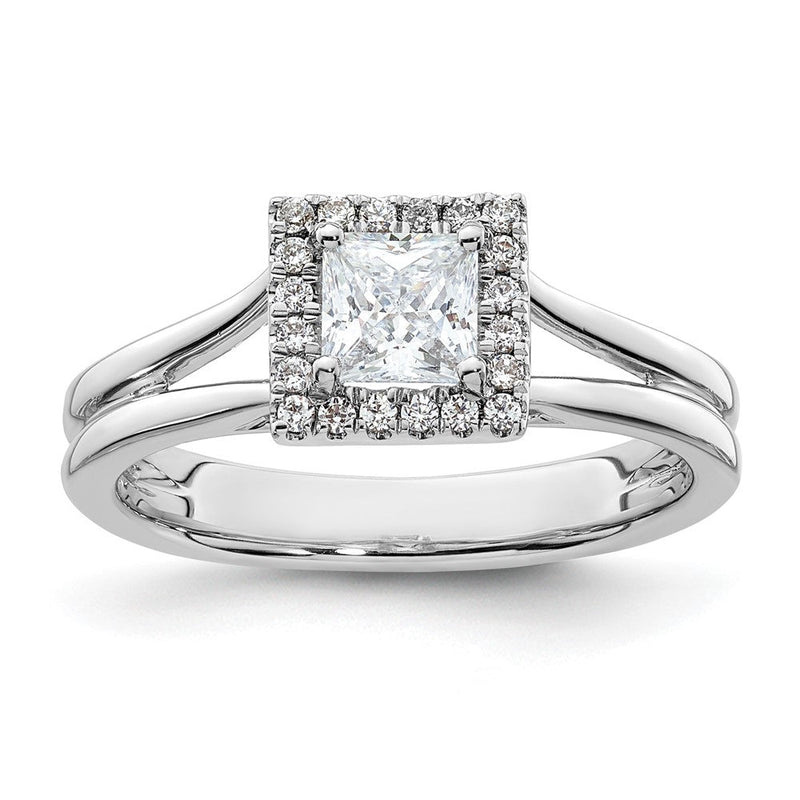 14 Karat Weißgold Verlobungsring mit Princess-Halo und geteiltem Ring