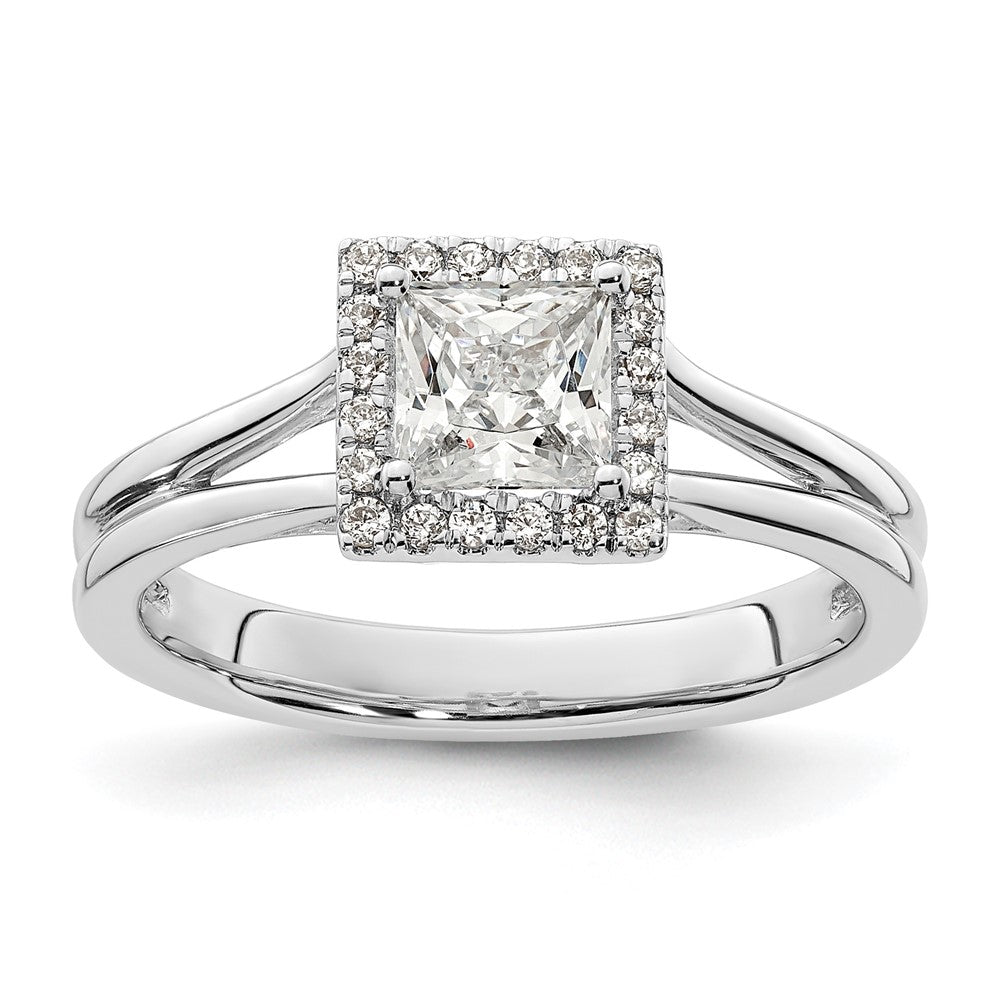 14 Karat Weißgold Princess-Halo-Verlobungsring mit simulierten Diamanten und geteiltem Ring