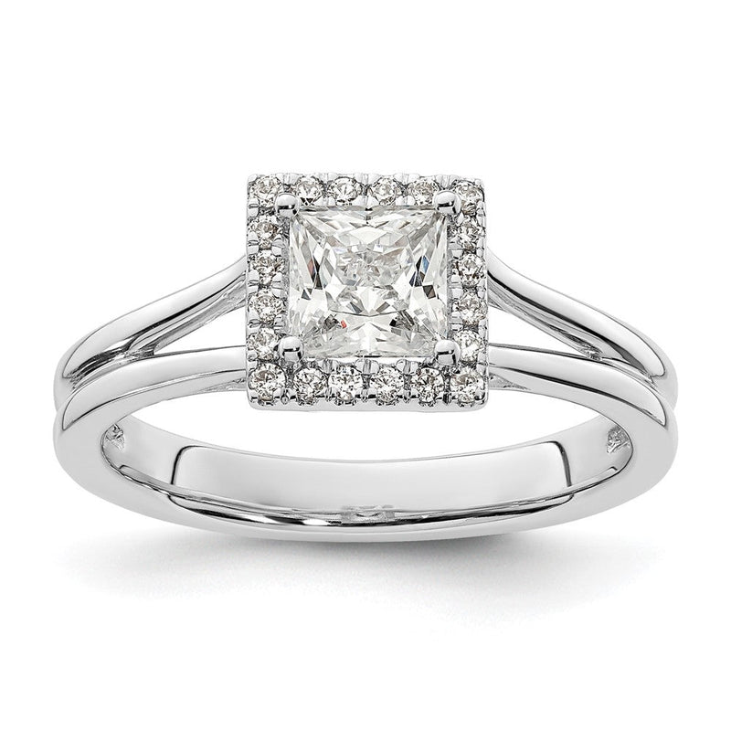 14 Karat Weißgold Princess-Halo-Verlobungsring mit simulierten Diamanten und geteiltem Ring