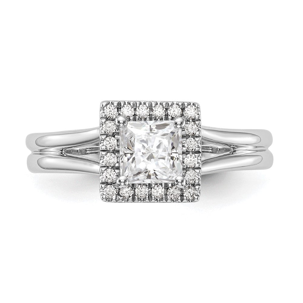 14 Karat Weißgold Verlobungsring mit Halo im Princess-Schliff und geteiltem Ringschaft