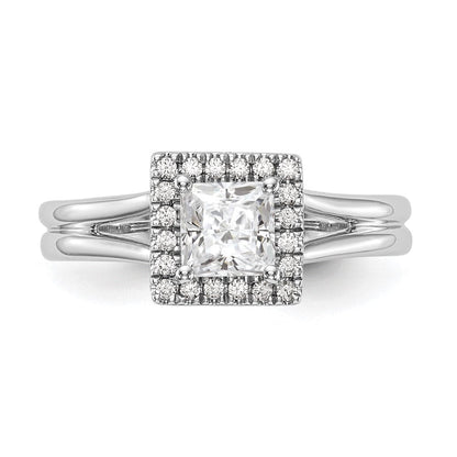 14 Karat Weißgold Verlobungsring mit Halo im Princess-Schliff und geteiltem Ringschaft