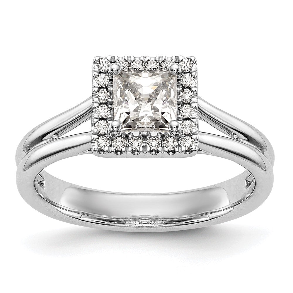14 Karat Weißgold Verlobungsring mit Halo im Princess-Schliff und geteiltem Ringschaft