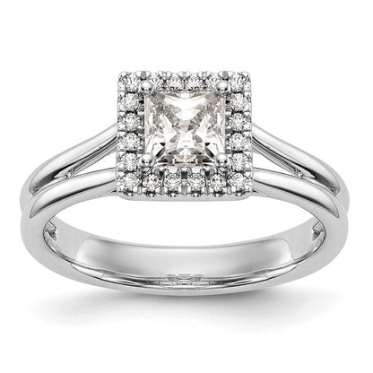 14 Karat Weißgold Verlobungsring mit Halo im Princess-Schliff und geteiltem Ringschaft