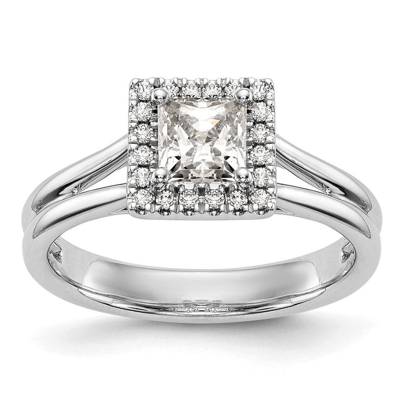 14 Karat Weißgold Verlobungsring mit Halo im Princess-Schliff und geteiltem Ringschaft