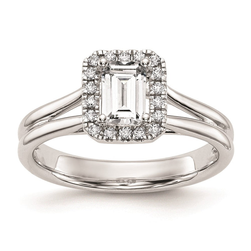 14K Weißgold Heiligenschein (holds 1/4 Karat (4.5x3mm) Smaragdschliff Mittig) 1/20 Diamant Halbfassung Split Shank Verlobungsring