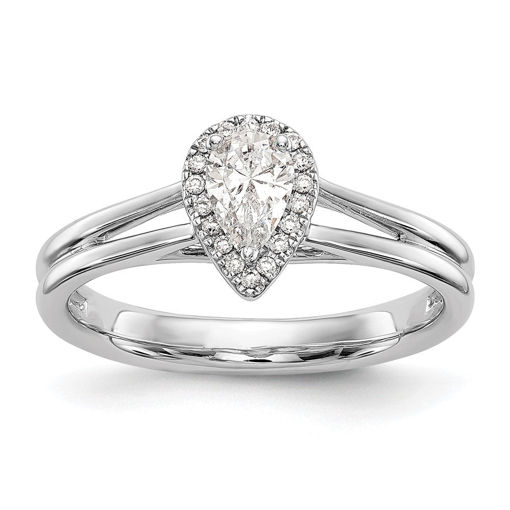 14K Weißgold Verlobungsring mit tropfenförmigem simuliertem Diamanten in Halo-Fassung und geteiltem Ring