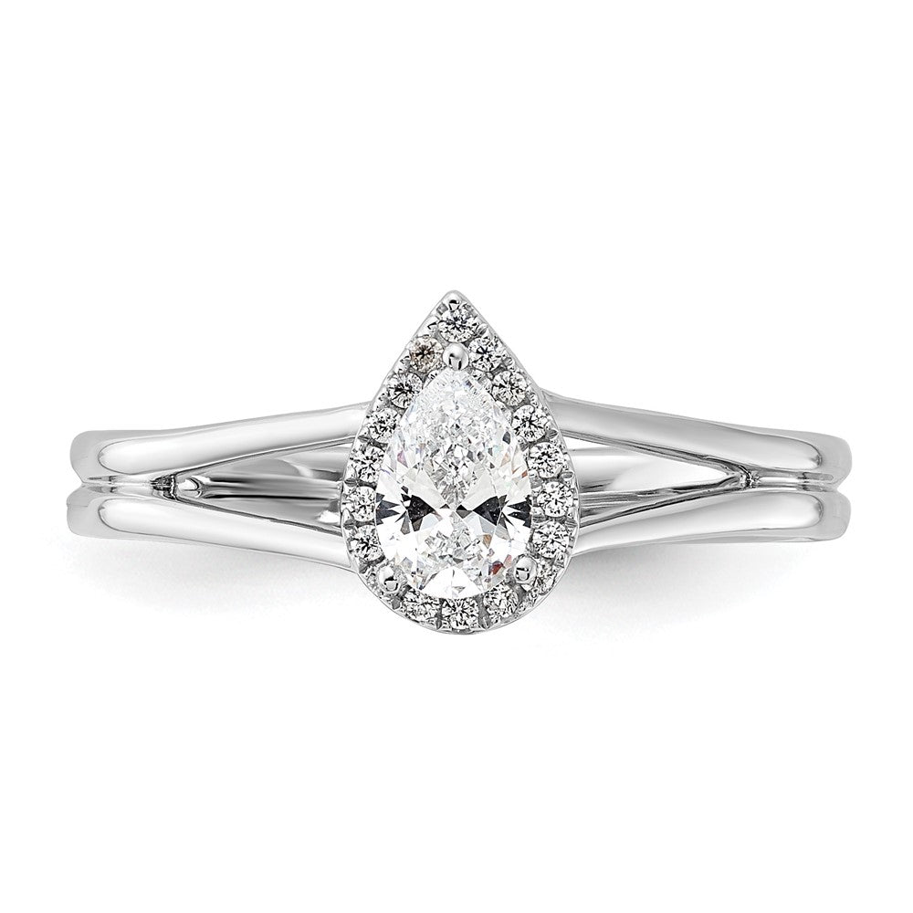 14K Weißgold Verlobungsring mit tropfenförmigem simuliertem Diamanten in Halo-Fassung und geteiltem Ring
