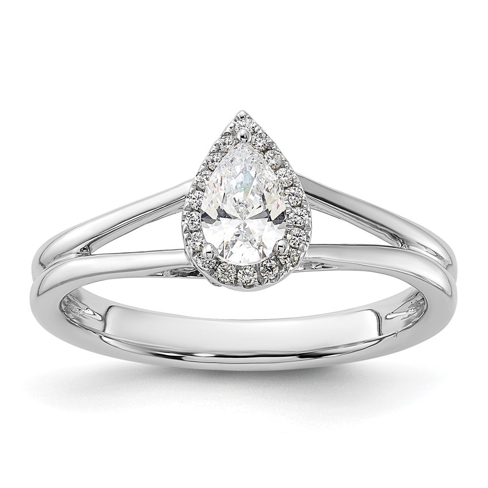 14K Weißgold Verlobungsring mit tropfenförmigem simuliertem Diamanten in Halo-Fassung und geteiltem Ring