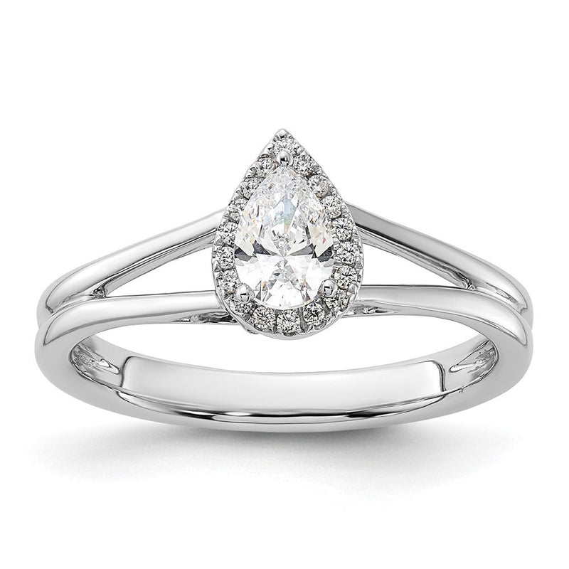 14K Weißgold Verlobungsring mit tropfenförmigem simuliertem Diamanten in Halo-Fassung und geteiltem Ring