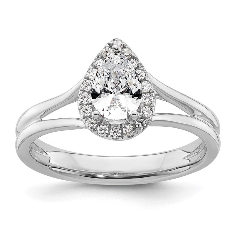 Verlobungsring aus 14K Weißgold mit simuliertem Diamanten im Tropfenschliff, Halo und geteiltem Ring