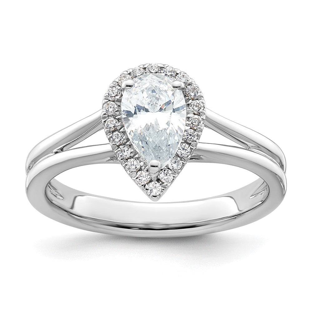 Verlobungsring aus 14K Weißgold mit tropfenförmigem Halo aus simulierten Diamanten und geteiltem Ring