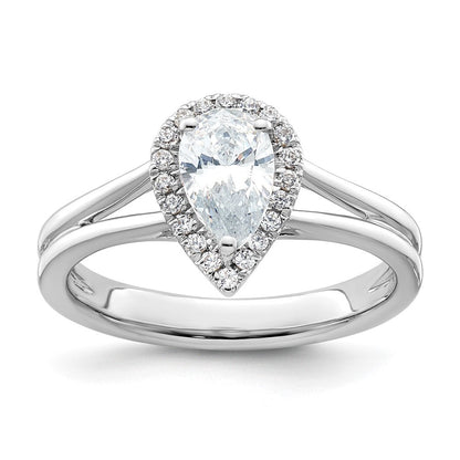 Verlobungsring aus 14K Weißgold mit tropfenförmigem Halo aus simulierten Diamanten und geteiltem Ring
