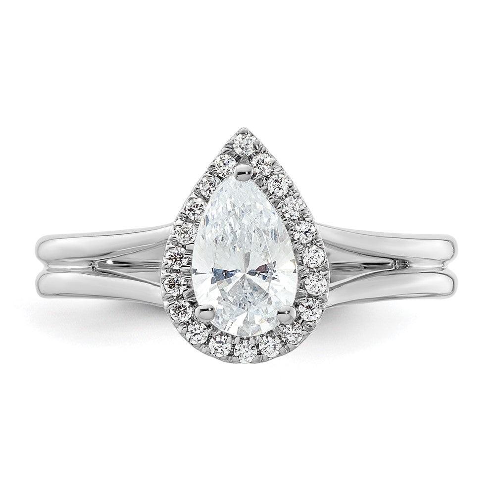 Verlobungsring aus 14K Weißgold mit tropfenförmigem Halo aus simulierten Diamanten und geteiltem Ring