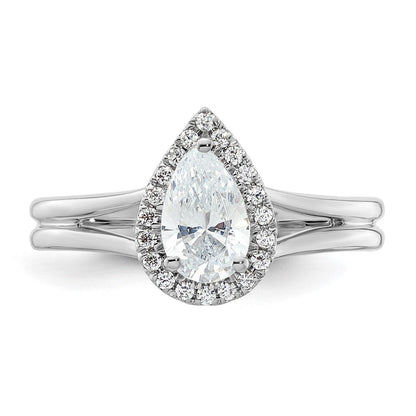 Verlobungsring aus 14K Weißgold mit tropfenförmigem Halo aus simulierten Diamanten und geteiltem Ring