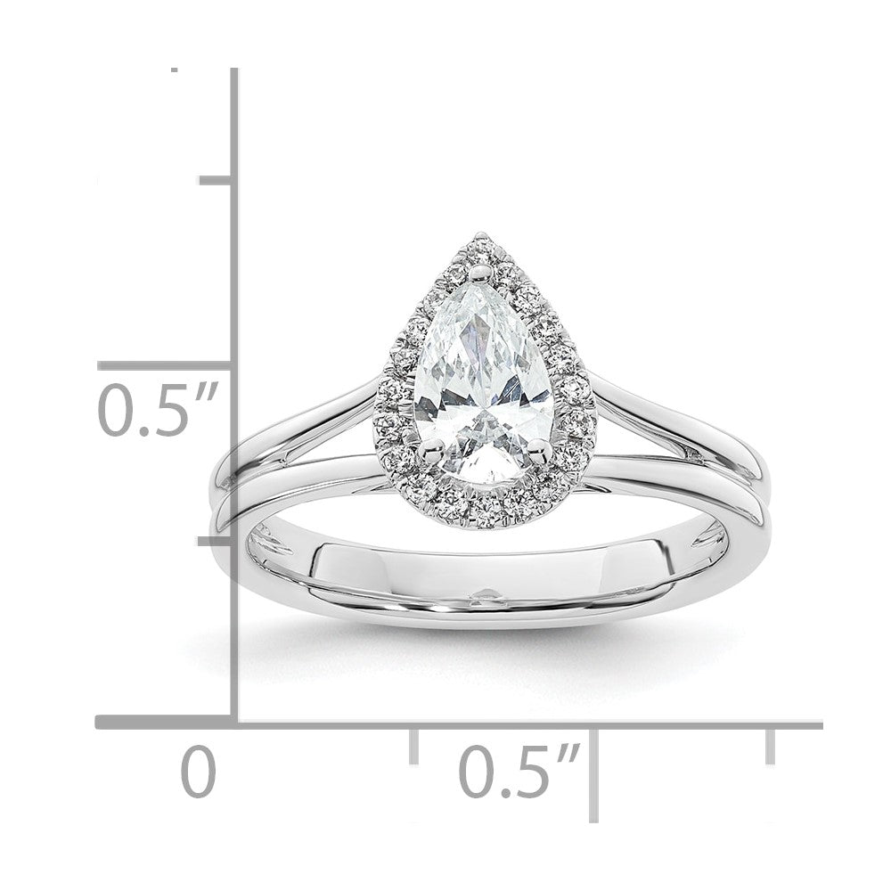 Verlobungsring aus 14K Weißgold mit tropfenförmigem Halo aus simulierten Diamanten und geteiltem Ring