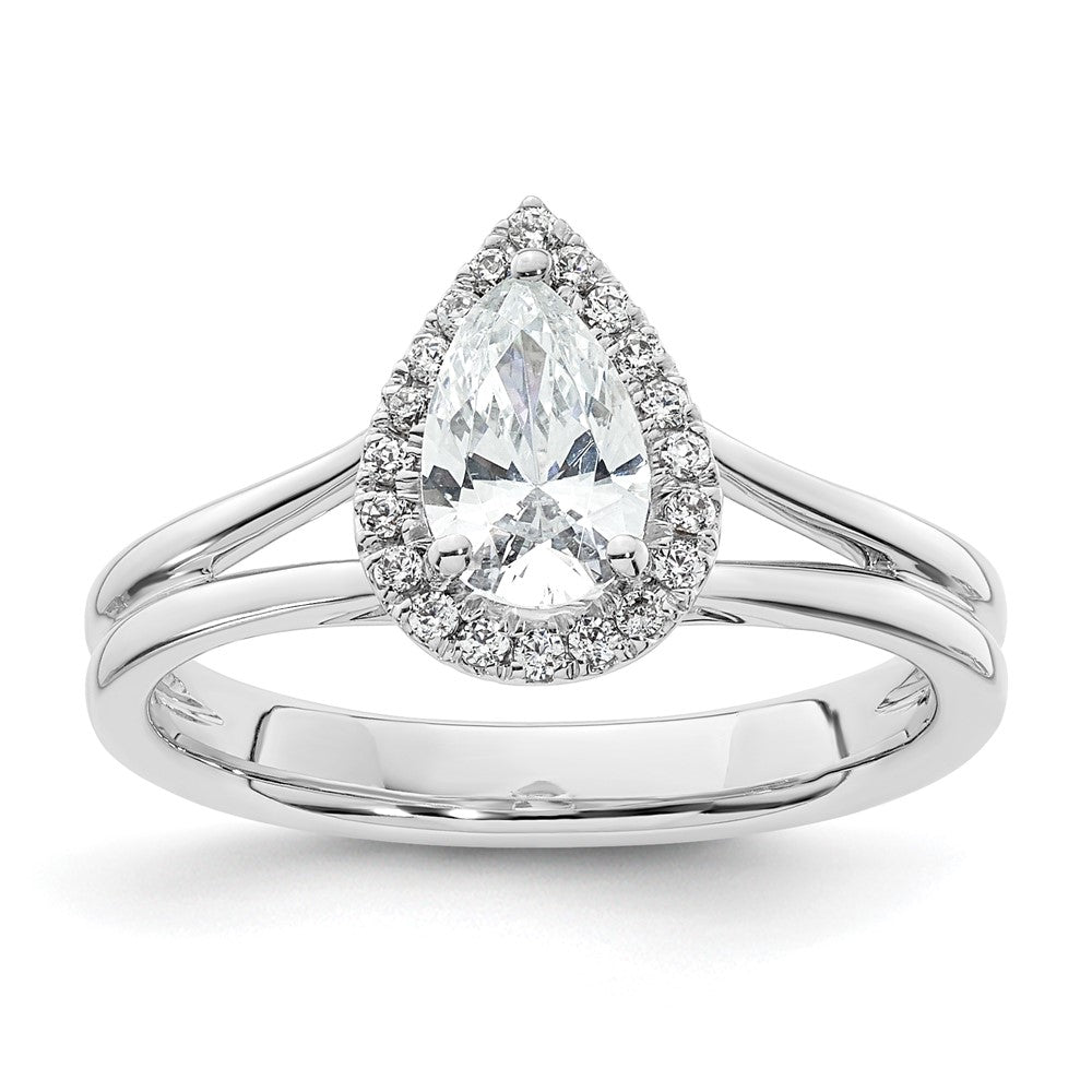 Verlobungsring aus 14K Weißgold mit tropfenförmigem Halo aus simulierten Diamanten und geteiltem Ring