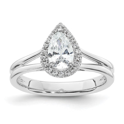 Verlobungsring aus 14K Weißgold mit tropfenförmigem Halo aus simulierten Diamanten und geteiltem Ring