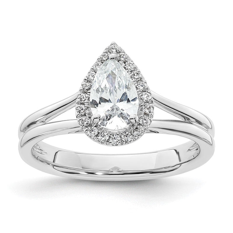 Verlobungsring aus 14K Weißgold mit tropfenförmigem Halo aus simulierten Diamanten und geteiltem Ring