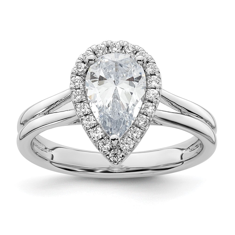 Verlobungsring mit tropfenförmigem Halo aus simuliertem Diamant und geteiltem Ring in 14K Weißgold