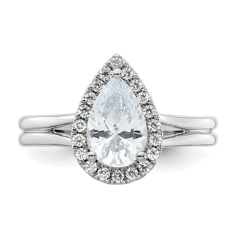 Verlobungsring mit tropfenförmigem Halo aus simuliertem Diamant und geteiltem Ring in 14K Weißgold