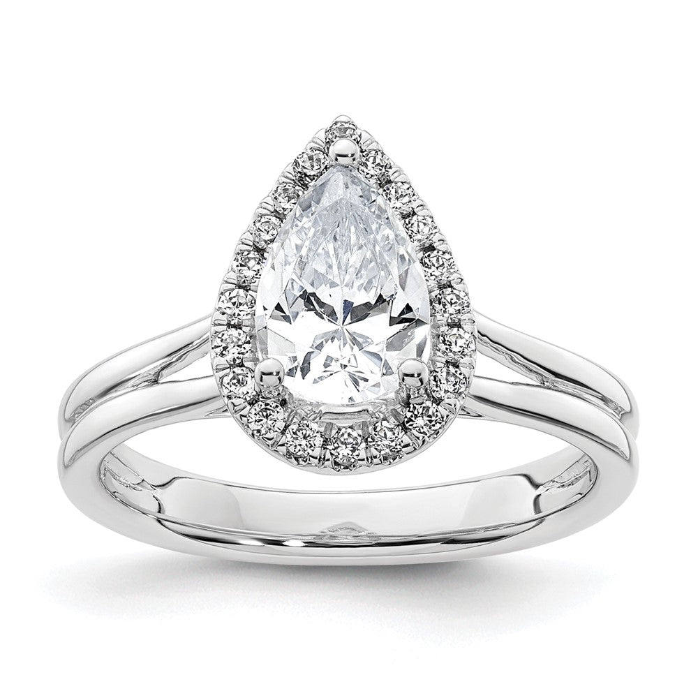 Verlobungsring mit tropfenförmigem Halo aus simuliertem Diamant und geteiltem Ring in 14K Weißgold
