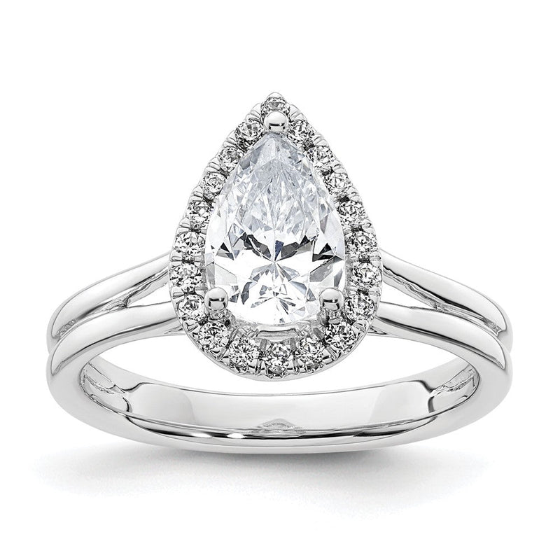 Verlobungsring mit tropfenförmigem Halo aus simuliertem Diamanten und geteiltem Ring in 14K Weißgold