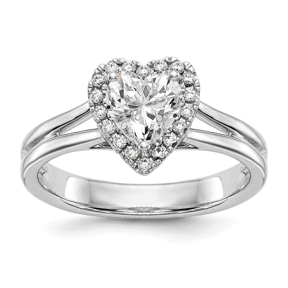 14K Weißgold Verlobungsring mit Herz-Halo aus simulierten Diamanten und geteiltem Ringschaft