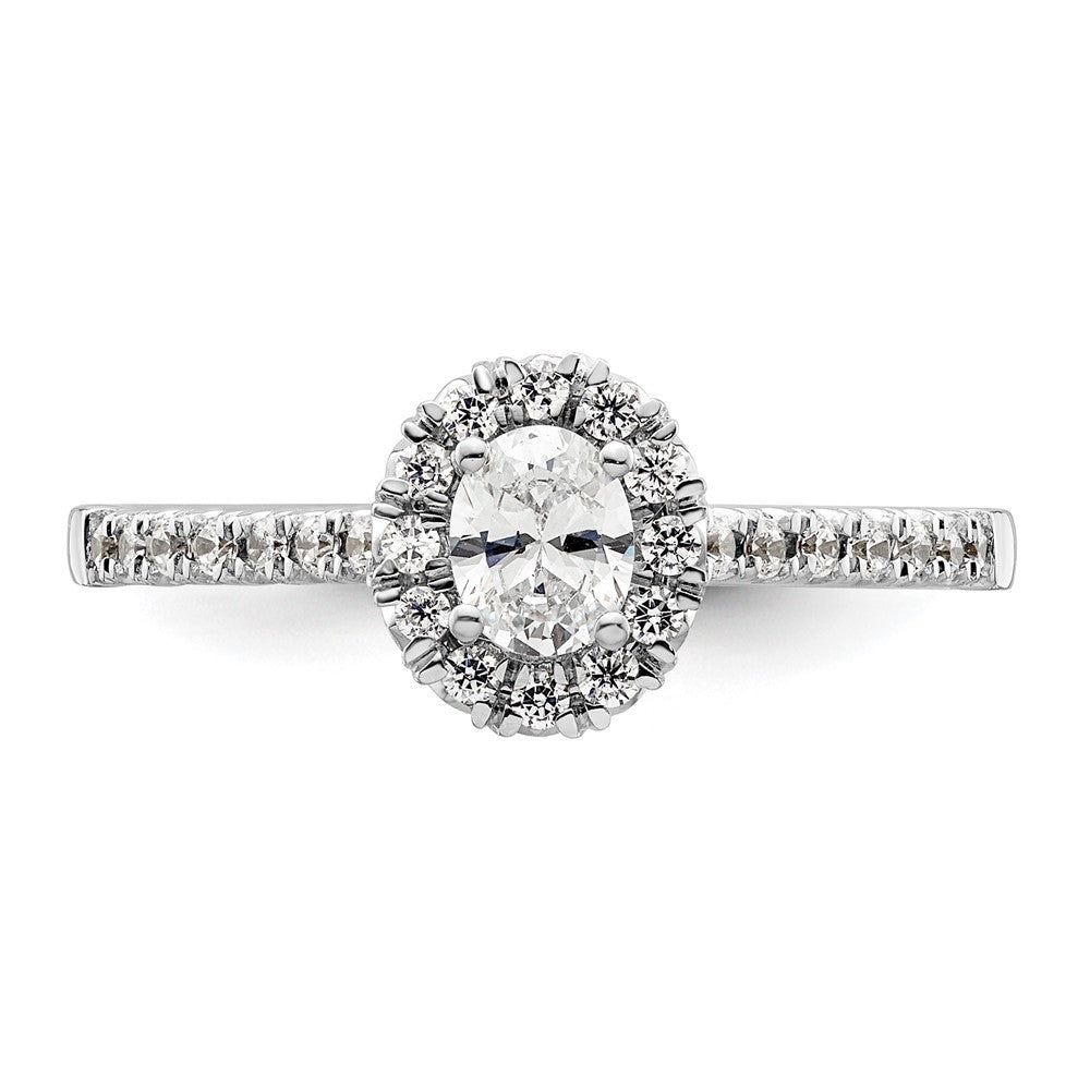 Verlobungsring aus 14K Weißgold mit ovalem simuliertem Diamant im Halo-Design
